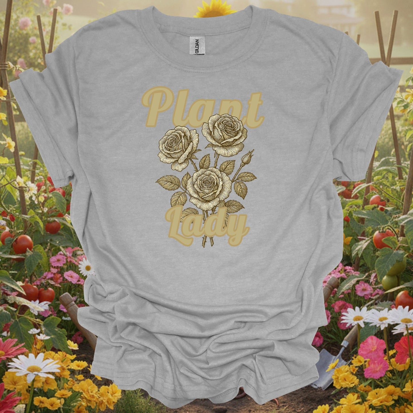 Sport Grey tee showing vintage botanical roses with plant lady text for rose lovers and plant ladies