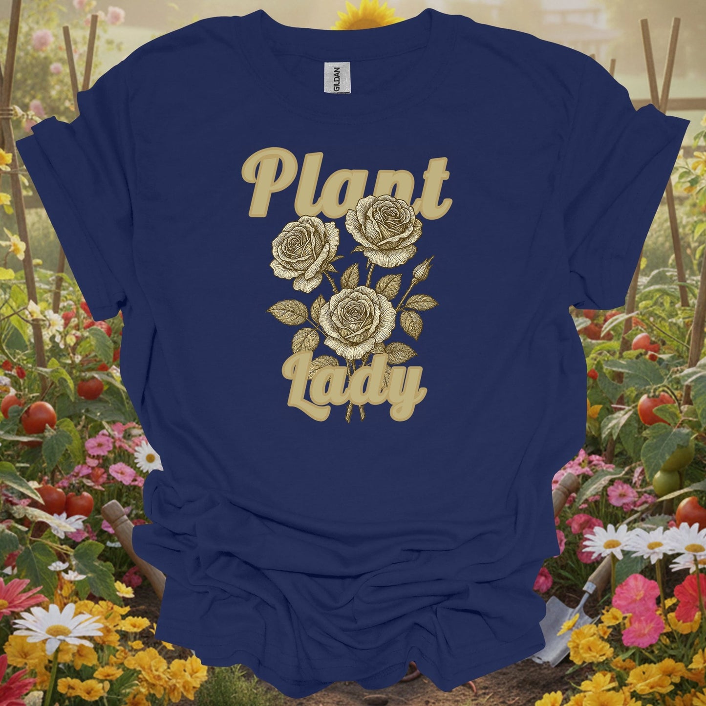 Navy top showing vintage botanical roses with plant lady text for rose lovers and plant ladies