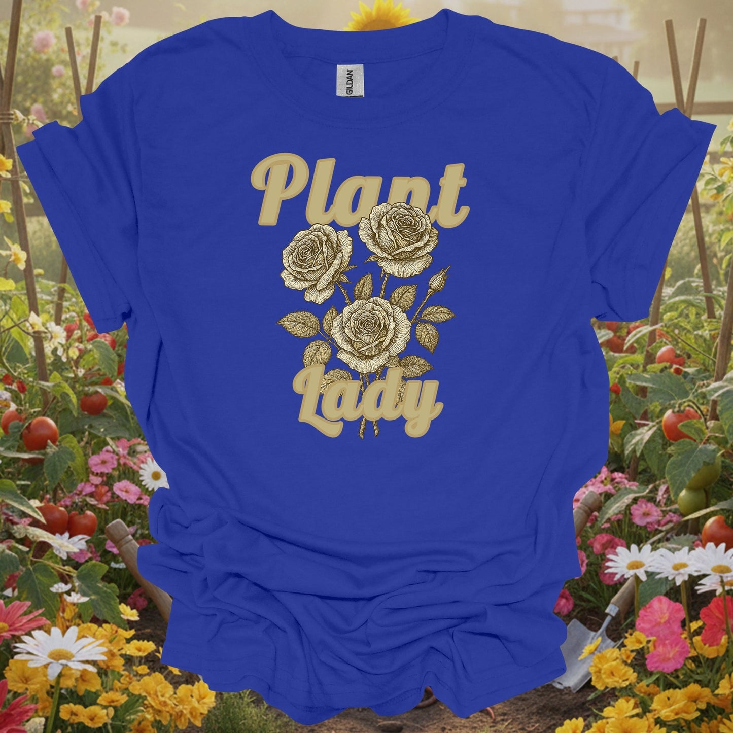 Royal tshirt showing vintage botanical roses with plant lady text for rose lovers and plant ladies