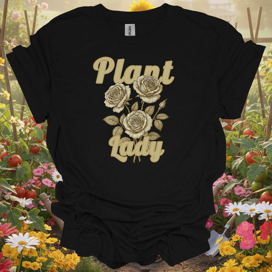 Black tshirt showing vintage botanical roses with plant lady text for rose lovers and plant ladies