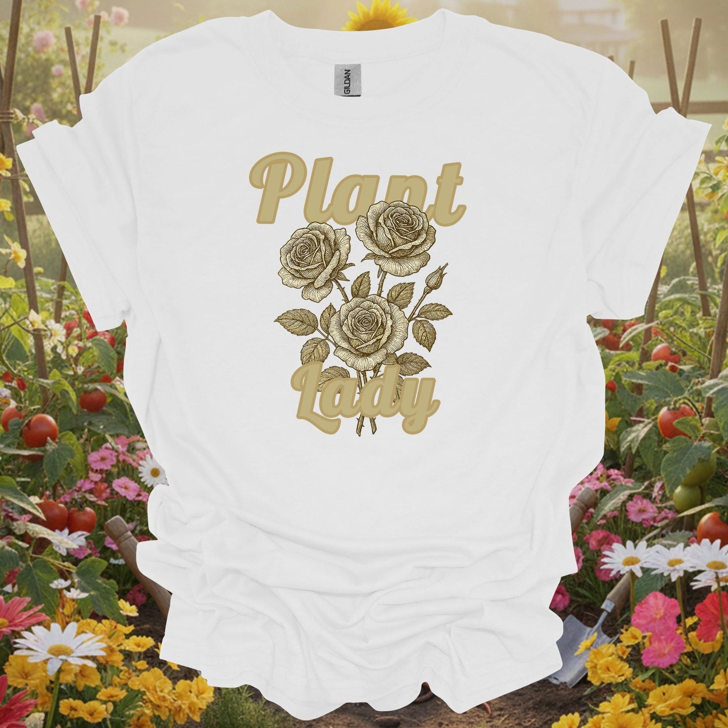 White shirt showing vintage botanical roses with plant lady text for rose lovers and plant ladies