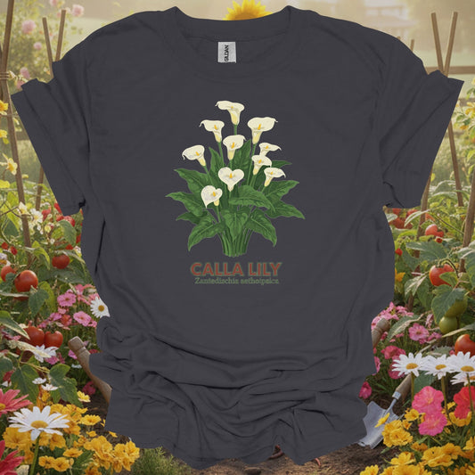 Charcoal  tshirt showing a detailed, classic illustration of the zantedeschia, mirroring the high-fidelity scientific drawings found in historical naturalist journals for economists calculating cost savings