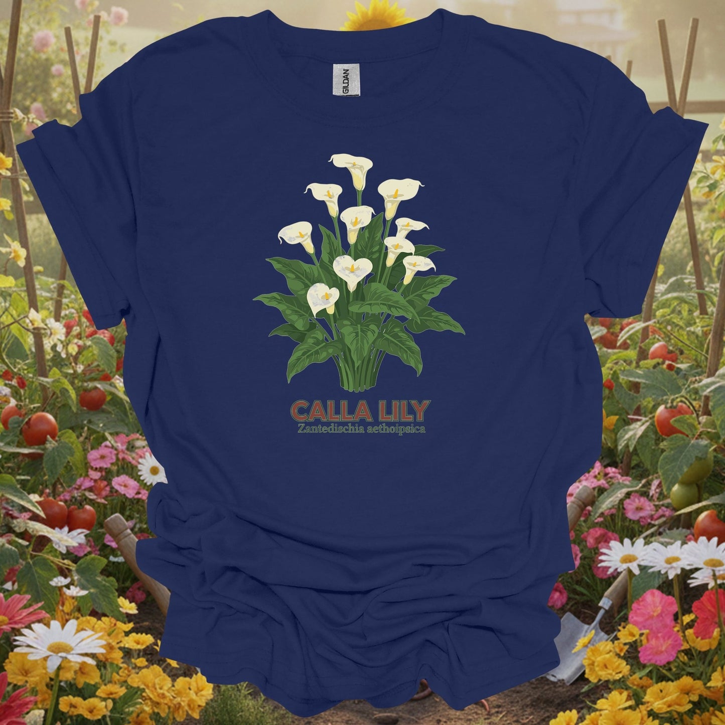 Navy tshirt showing a detailed, classic illustration of the zantedeschia, mirroring the high-fidelity scientific drawings found in historical naturalist journals for economists calculating cost savings
