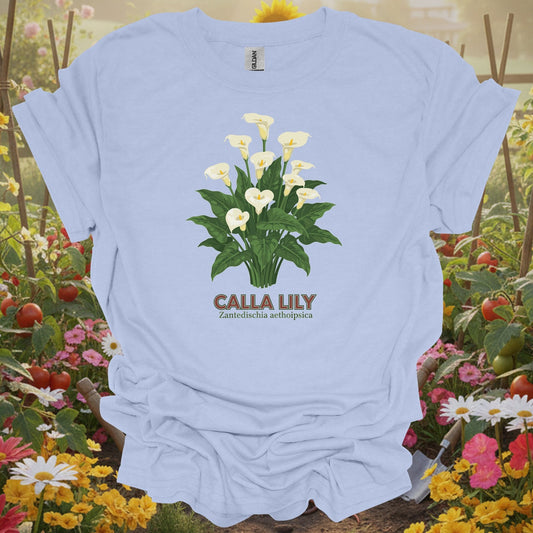 Light Blue tshirt showing a detailed, classic illustration of the zantedeschia, mirroring the high-fidelity scientific drawings found in historical naturalist journals for economists calculating cost savings