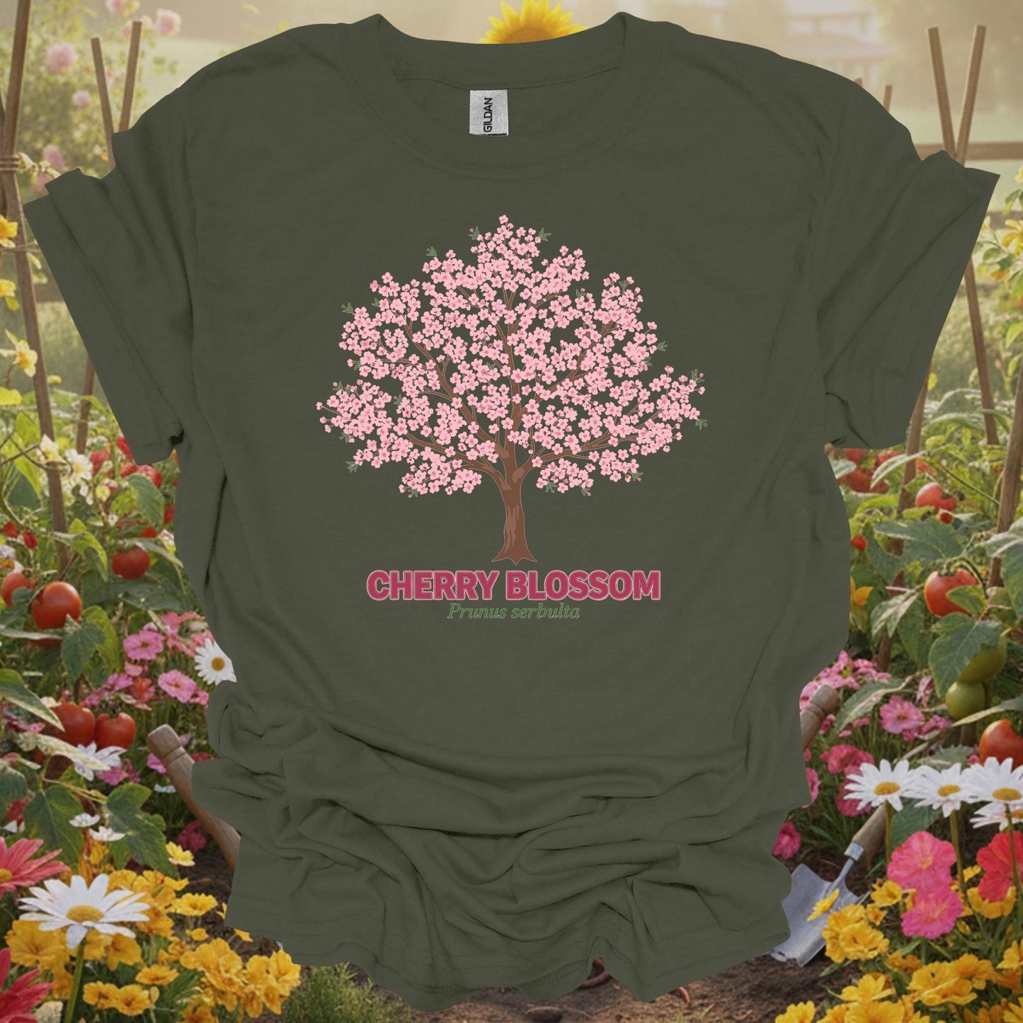 Military Green vintage cherry blossom gardening shirt with elegant cherry blossom tree for cherry blossom fans