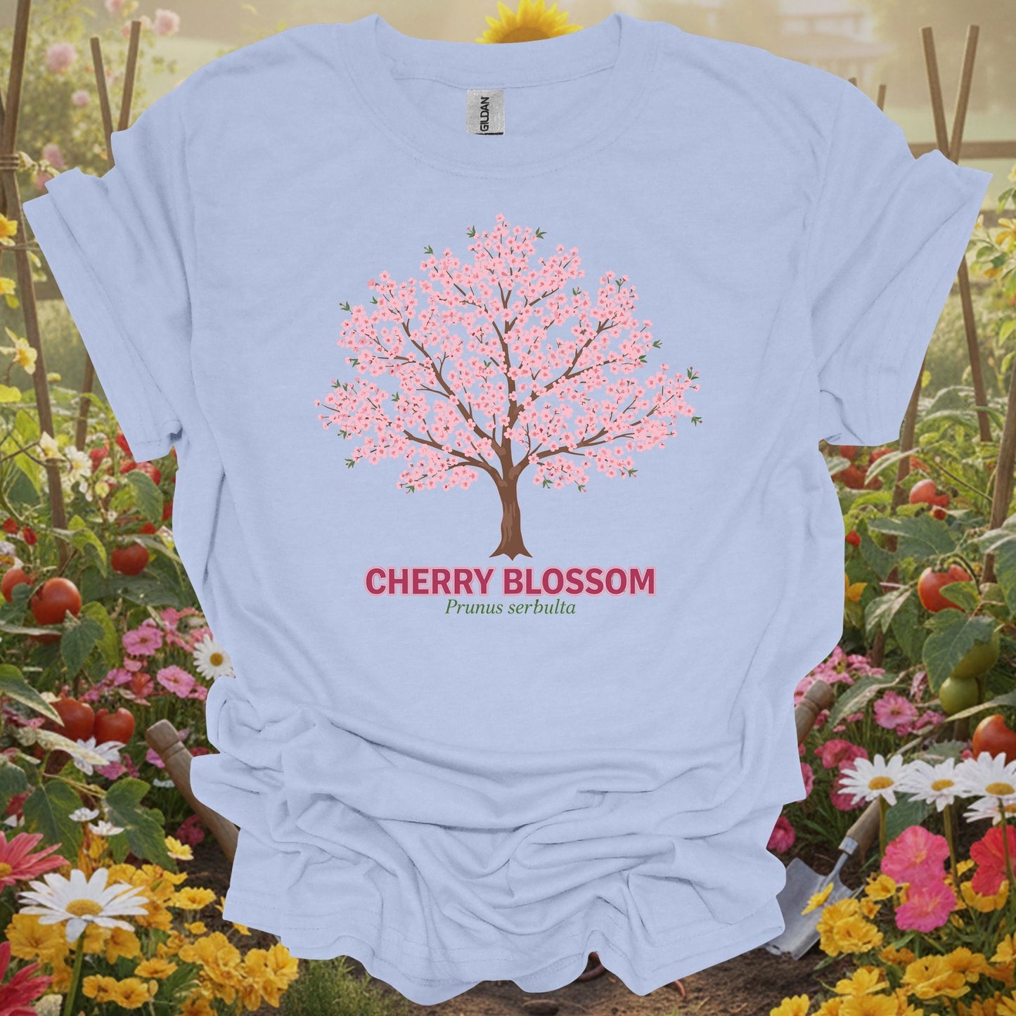 Light Blue vintage cherry blossom gardening shirt with elegant cherry blossom tree for cherry blossom fans