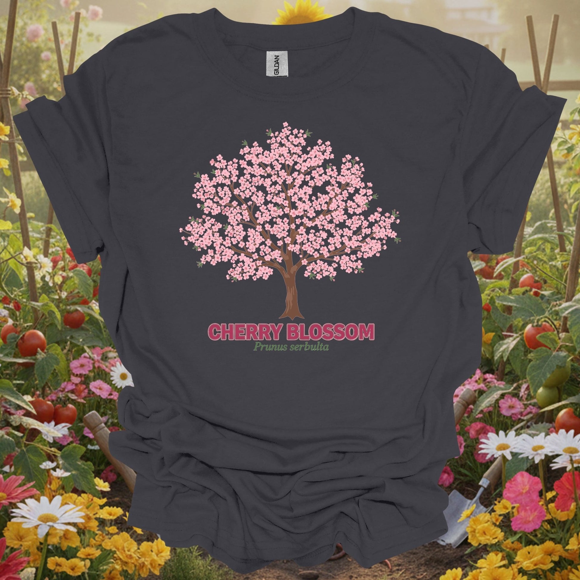Charcoal vintage cherry blossom gardening shirt with elegant cherry blossom tree for cherry blossom fans