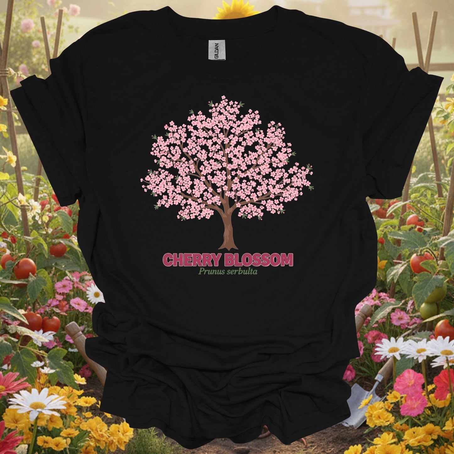 Black vintage cherry blossom gardening shirt with elegant cherry blossom tree for cherry blossom fans, botanical art lovers