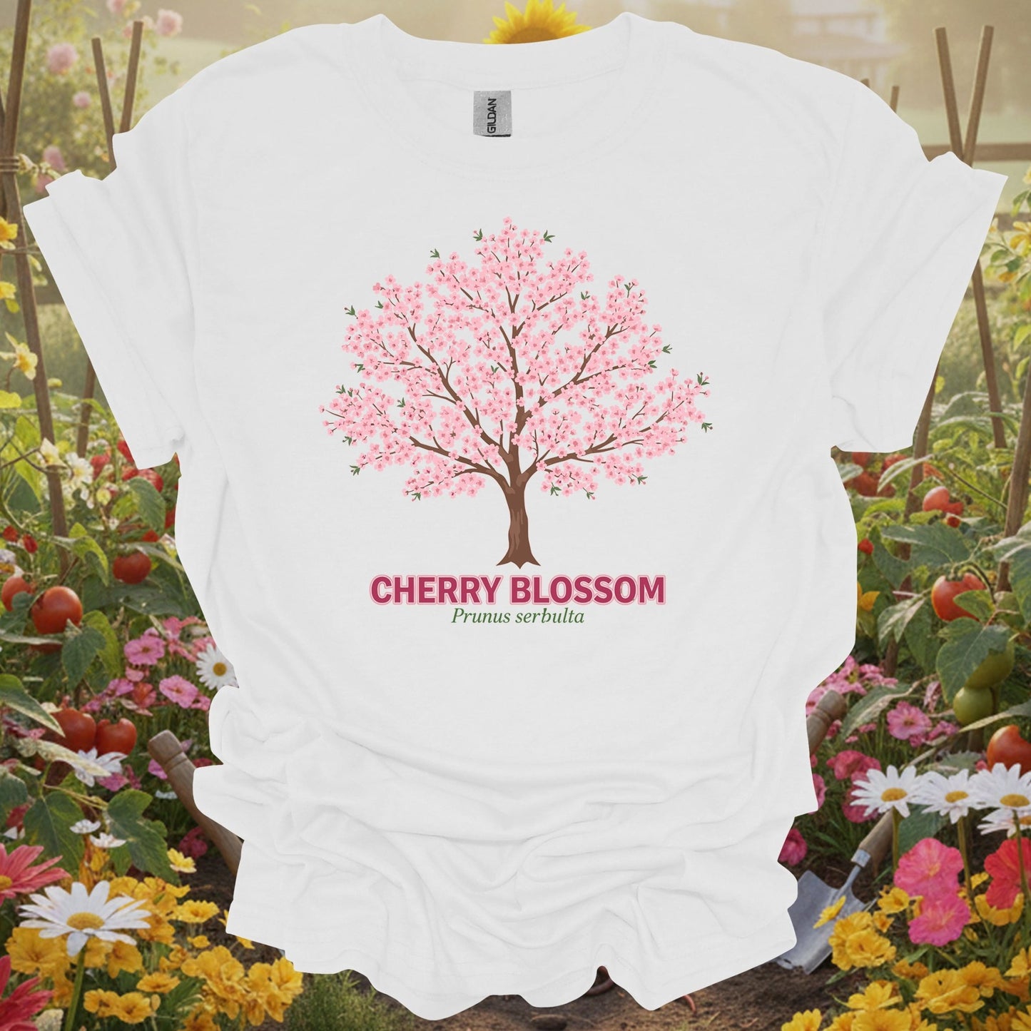 White vintage cherry blossom gardening shirt with elegant cherry blossom tree for cherry blossom fans, botanical art lovers