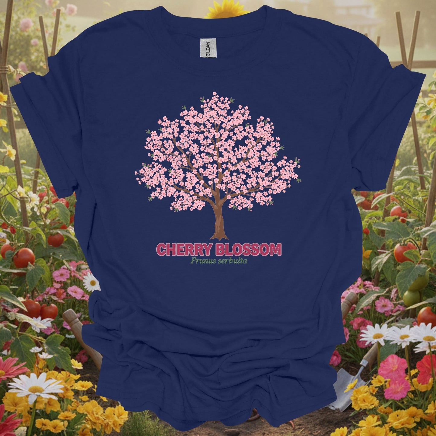 Navy vintage cherry blossom gardening shirt with elegant cherry blossom tree for cherry blossom fans, botanical art lovers