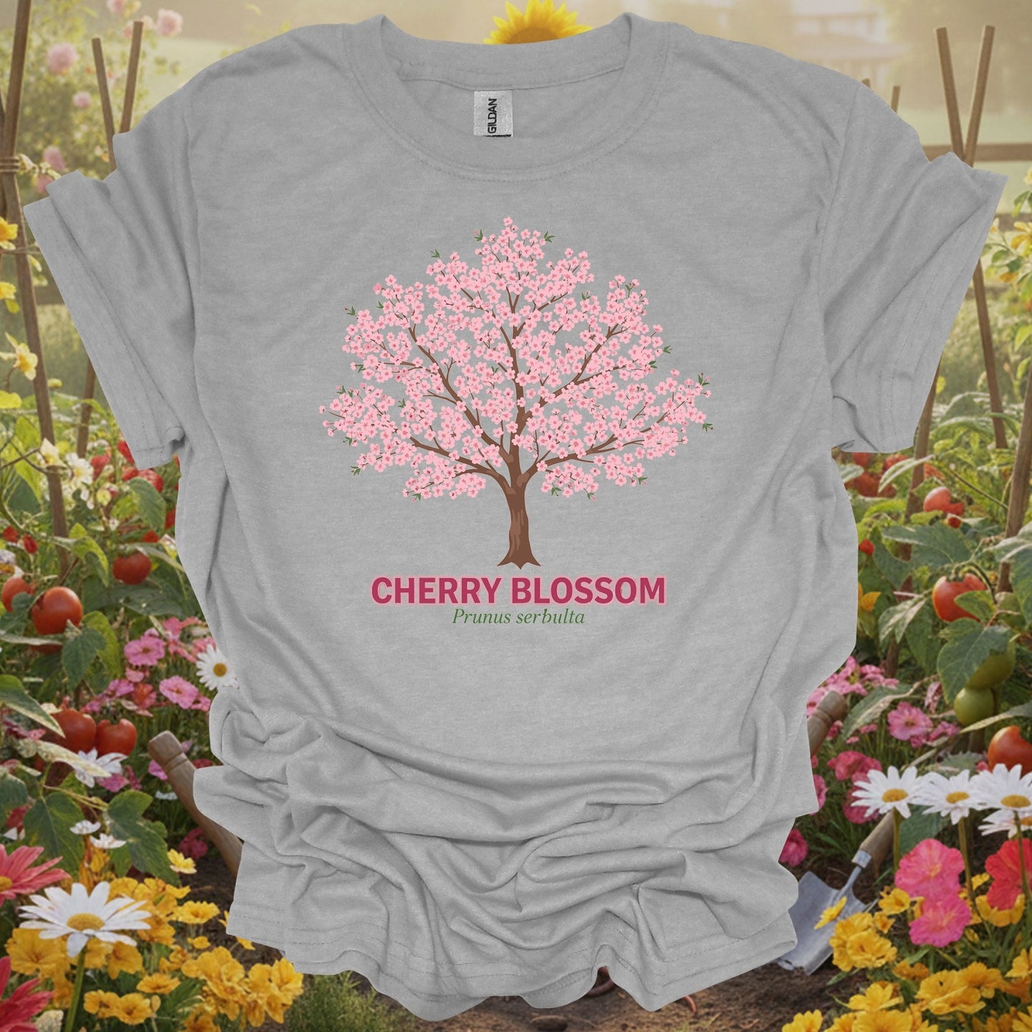 Sport Grey vintage cherry blossom gardening shirt with elegant cherry blossom tree for cherry blossom fans