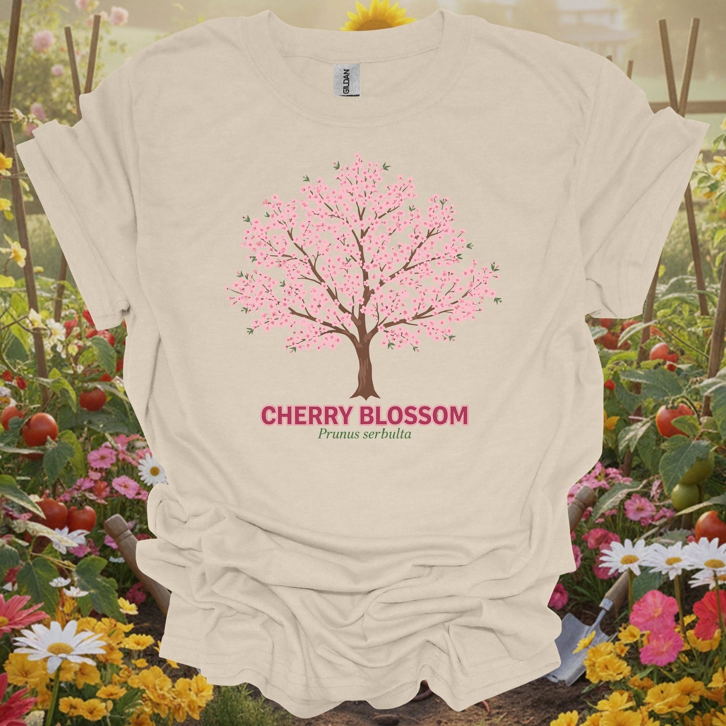 Natural vintage cherry blossom gardening shirt with elegant cherry blossom tree for cherry blossom fans, botanical art lovers