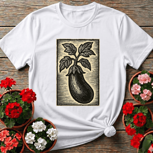White rustic linocut folk art eggplant gardening shirt for cottagecore and slow-living gardeners