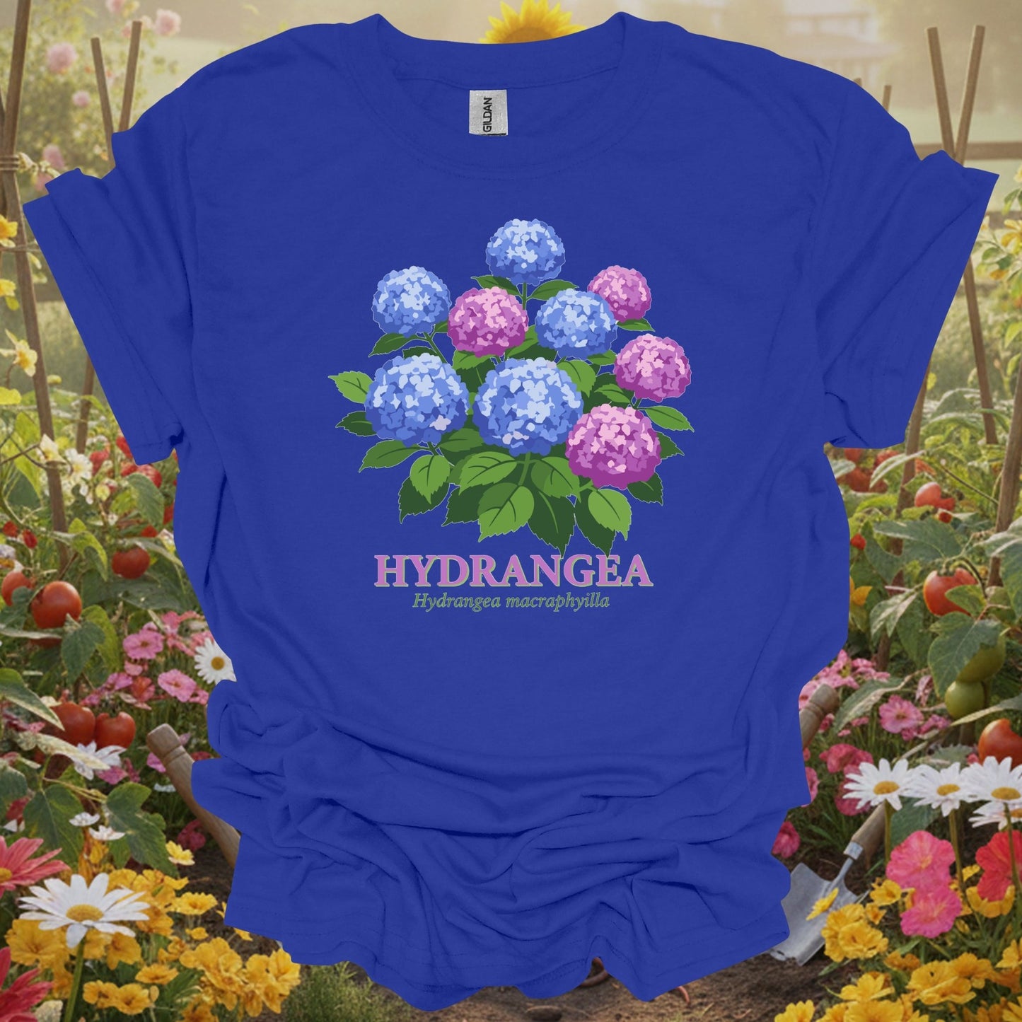 Royal T-shirt with sophisticated hand-drawn hydrangea blossoms and lavender text for cottage garden enthusiasts