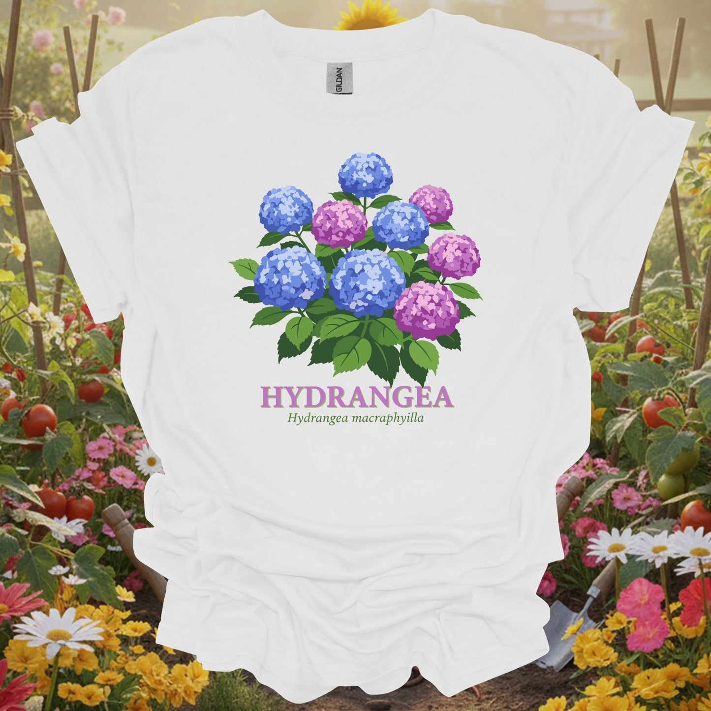 White tee with a playful narrative layout of blooming hydrangea macrophylla for cottage garden enthusiasts