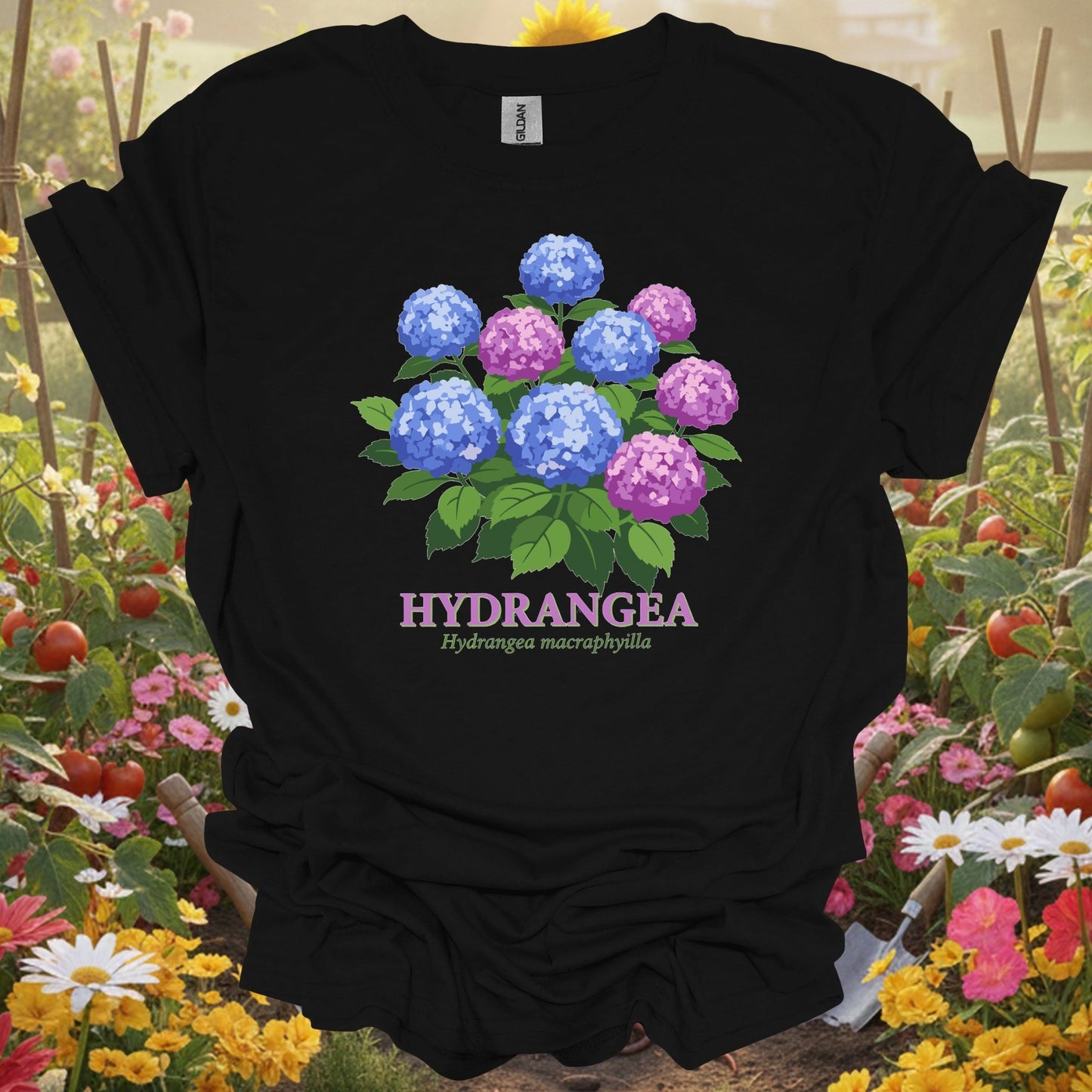 Black shirt featuring a detailed intentional cultivation theme with vibrant hydrangea flowers for hydrangea lovers