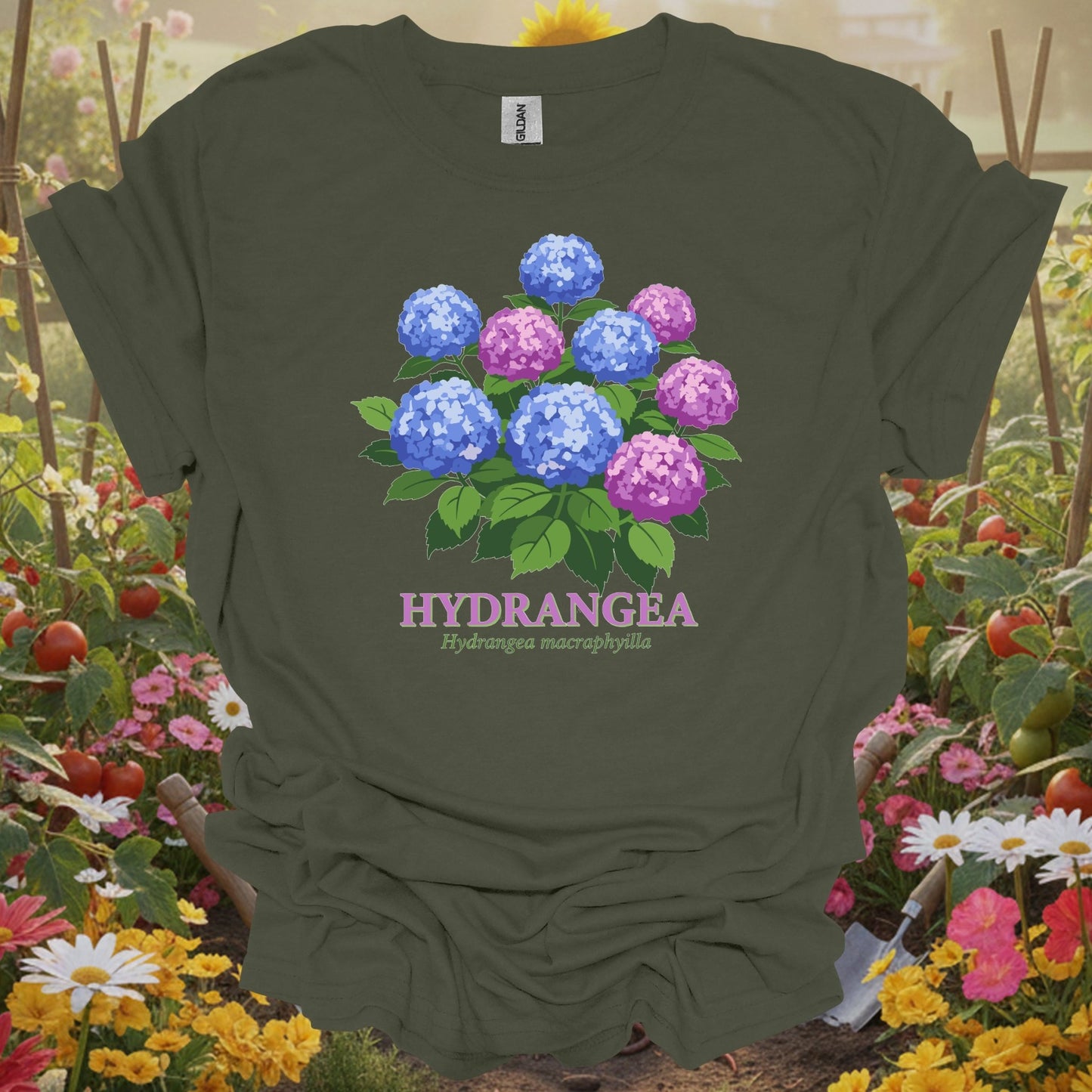 Military Green gardening tee with a balanced layout of blue and pink hydrangea blooms for mindful gardeners