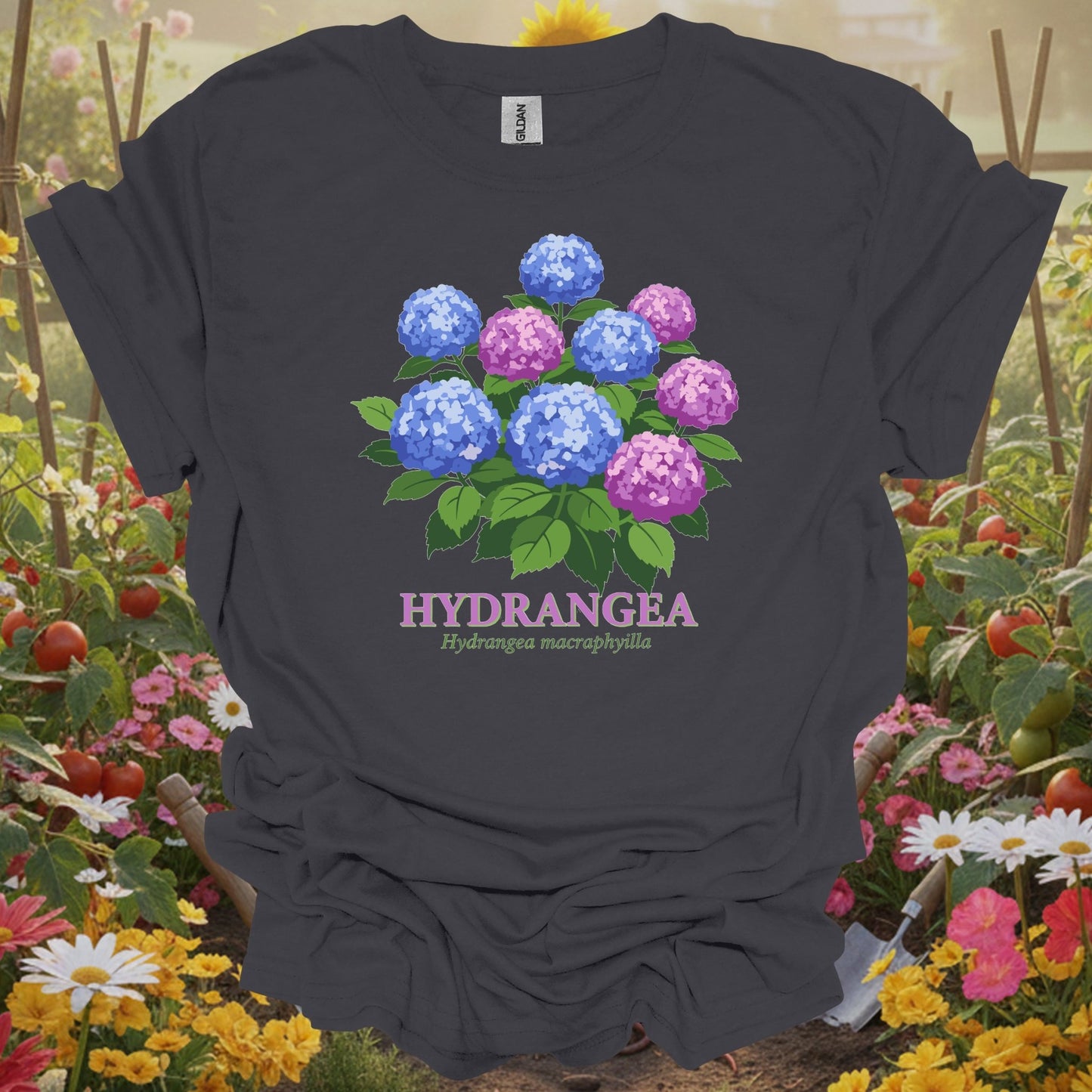 Charcoal tshirt showing a lush cluster of blue and pink hydrangeas with botanical text for hydrangea lovers