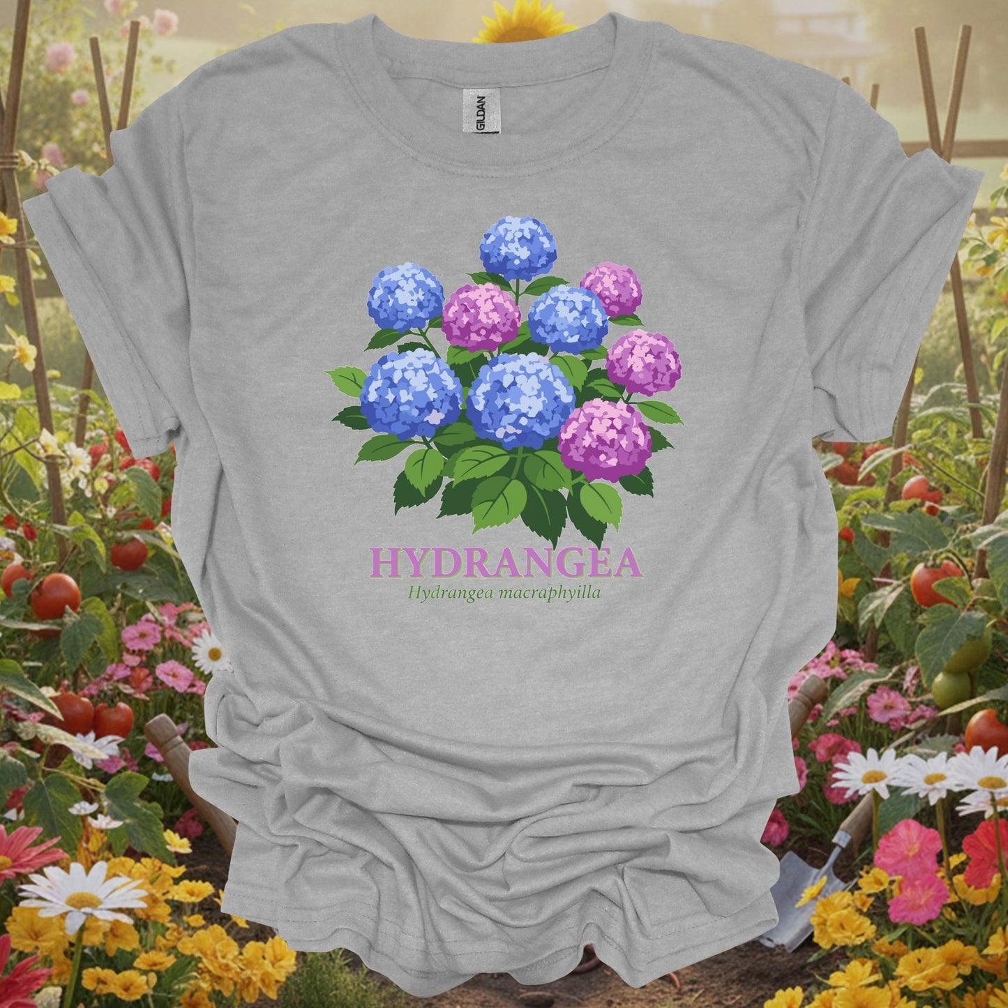 Sport Gray top showcasing retro-inspired storybook charm with colorful hydrangea clusters for botanical art fans