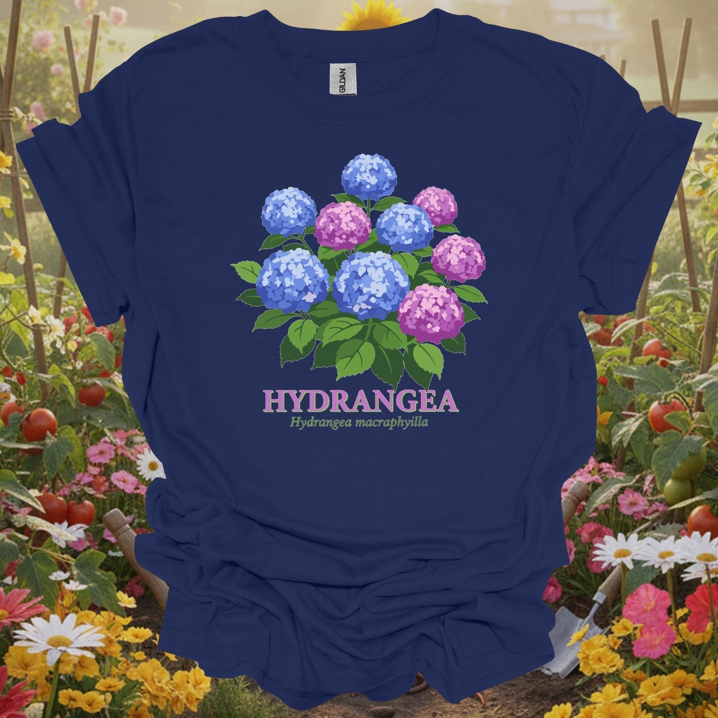 Navy shirt capturing nostalgic garden warmth with a detailed pink and blue hydrangea graphic for hobby farmers