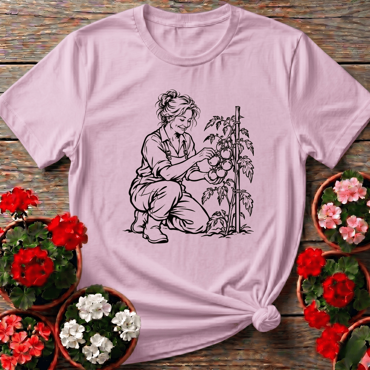 Light Pink cottagecore line art gardening shirt of a woman smiling while picking tomatoes for garden lovers