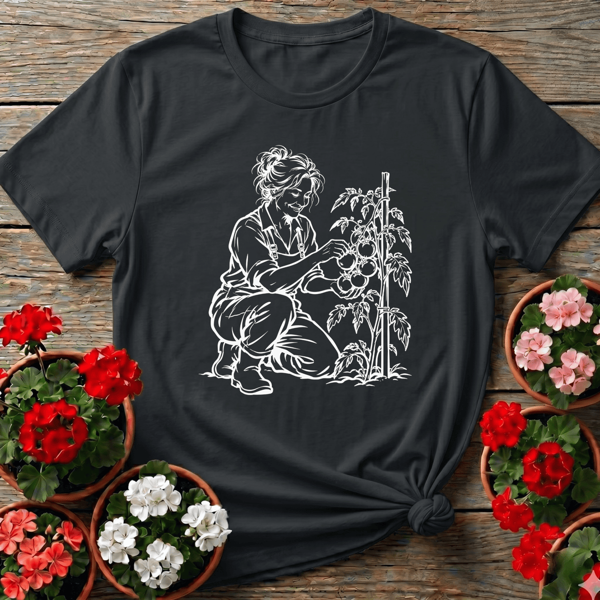 Black vintage line art gardening tee featuring a woman in overalls picking tomatoes for vegetable gardeners
