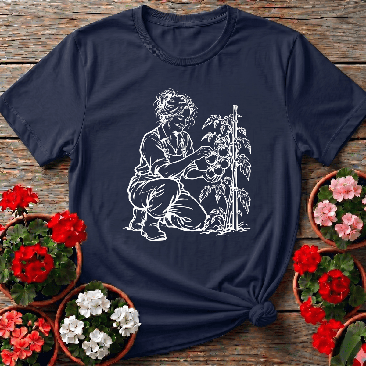 Navy classic almanac-style line art gardening tee with a woman crouching beside a staked tomato plant
