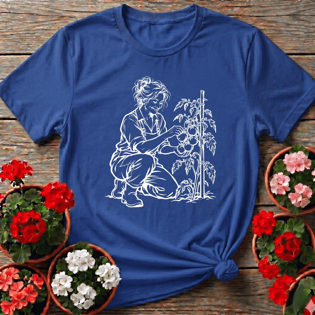 Royal vintage seed catalog style gardening shirt featuring a smiling woman picking tomatoes from a vine