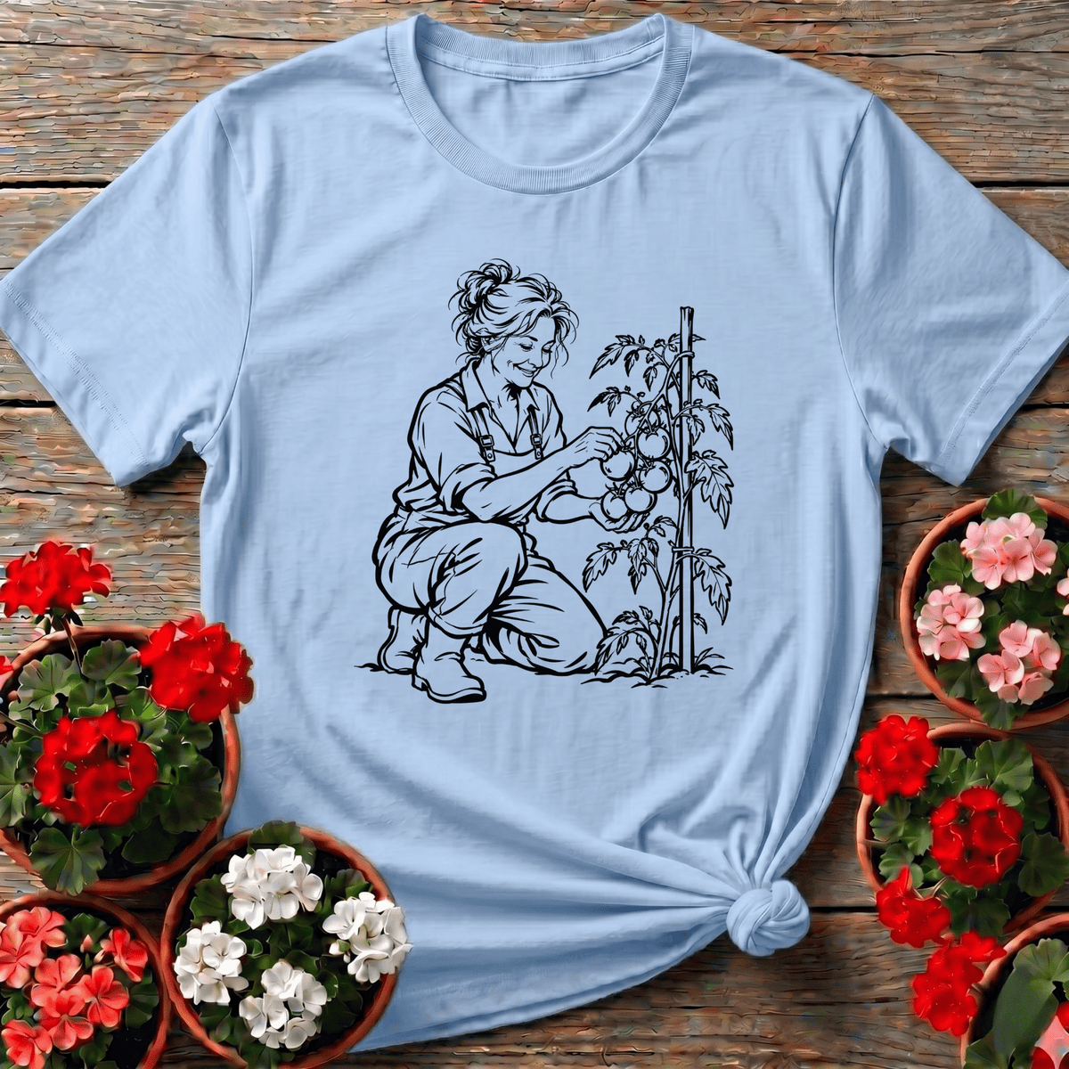 Light Blue nostalgic botanical illustration shirt featuring a woman harvesting tomatoes for cottagecore gardeners