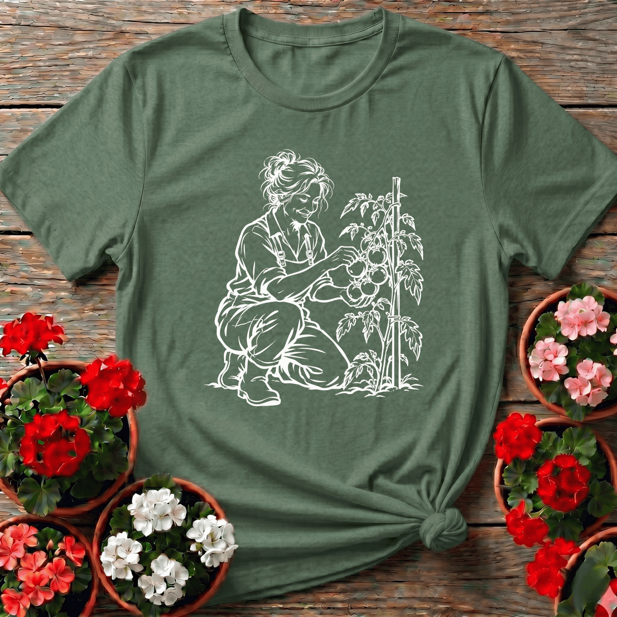Military Green vintage line art gardening apparel with a woman in overalls picking ripe tomatoes from a staked vine
