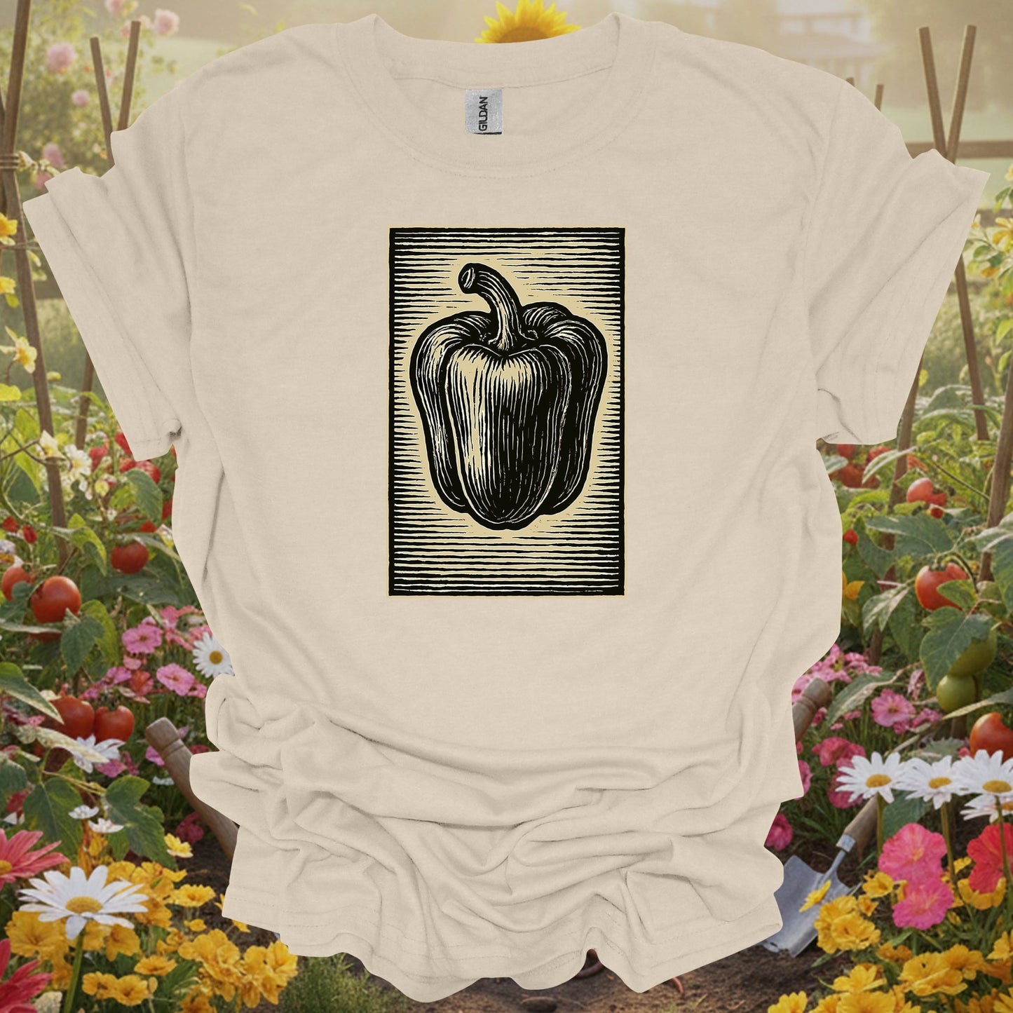 Natural apparel featuring a minimalist bell pepper design on a soft shirt that honors the simple beauty of the harvest.