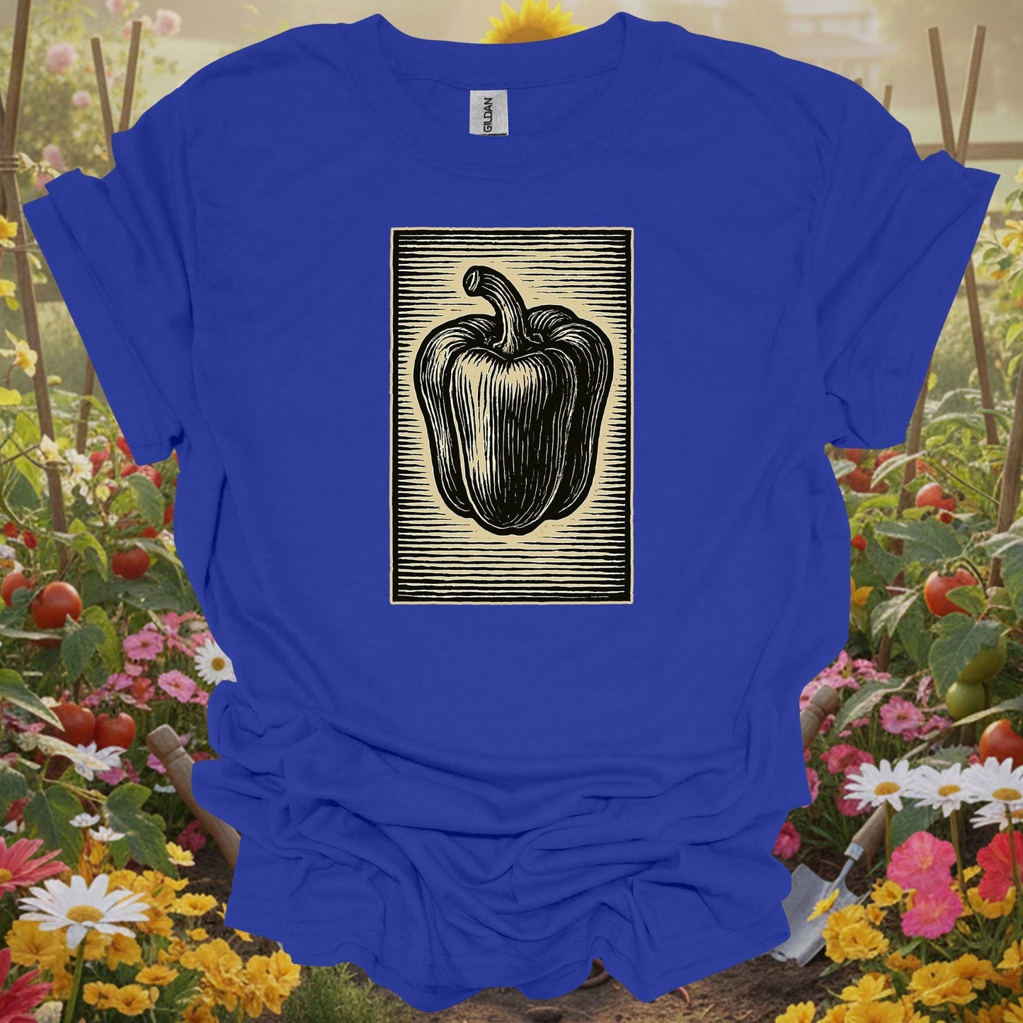 Royal apparel displaying an artistic pepper illustration on a casual gardening tee for those who value nature.