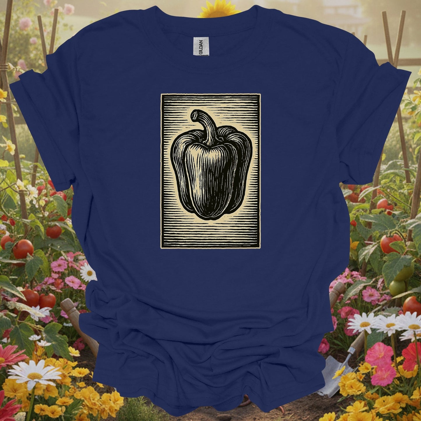 Navy top with a vintage seed packet graphic that captures a grounded and mindful homesteading vibe for your garden.