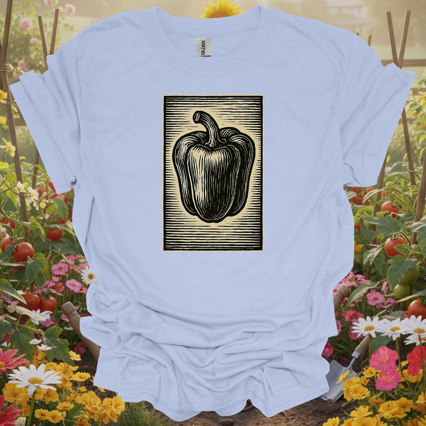 Light Blue shirt with a woodblock vegetable theme making a perfect minimalist gift T-shirt for any dedicated grower.