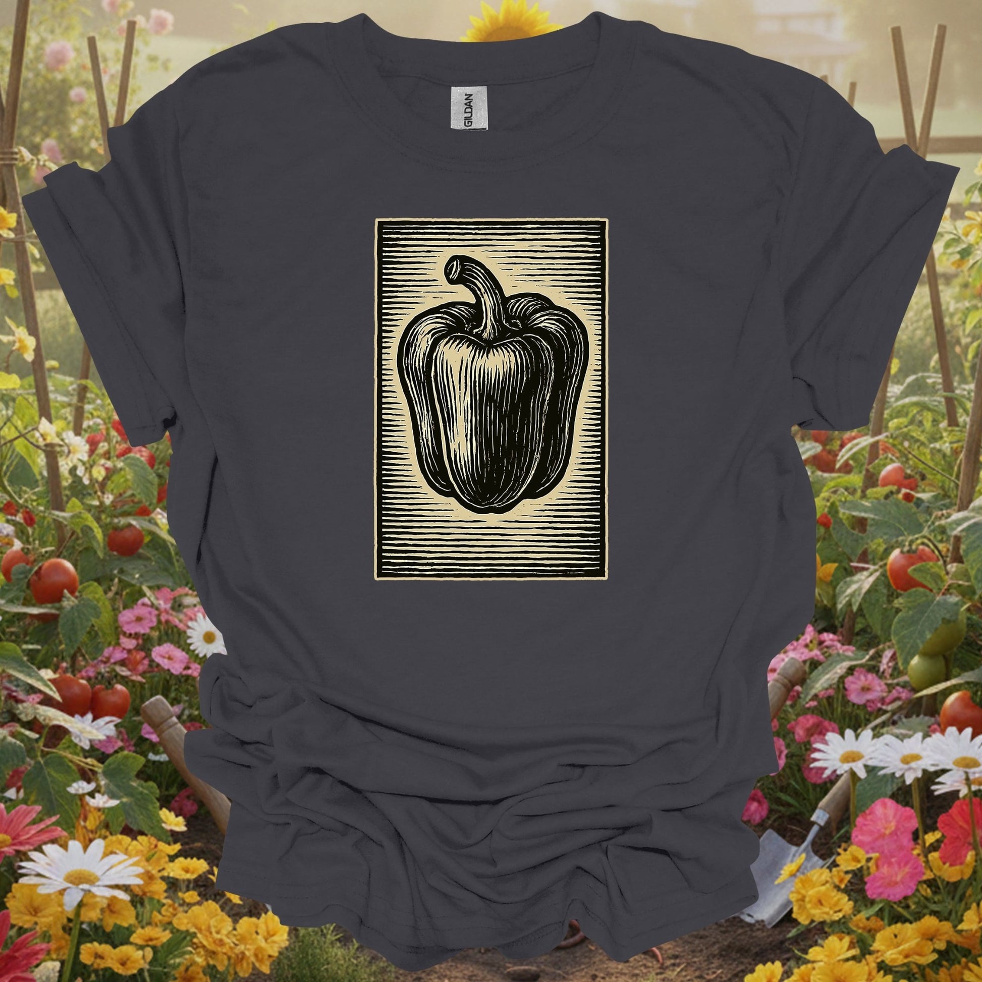 Charcoal tee featuring a linocut bell pepper design that celebrates the timeless art of heirloom seeds on a T-shirt.