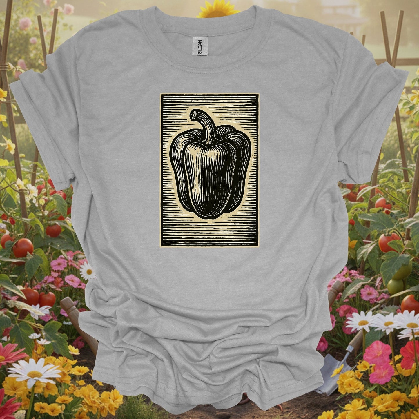 Sport Gray T-shirt with a detailed linocut vegetable design perfect for sustainable living enthusiasts and hobbyists.