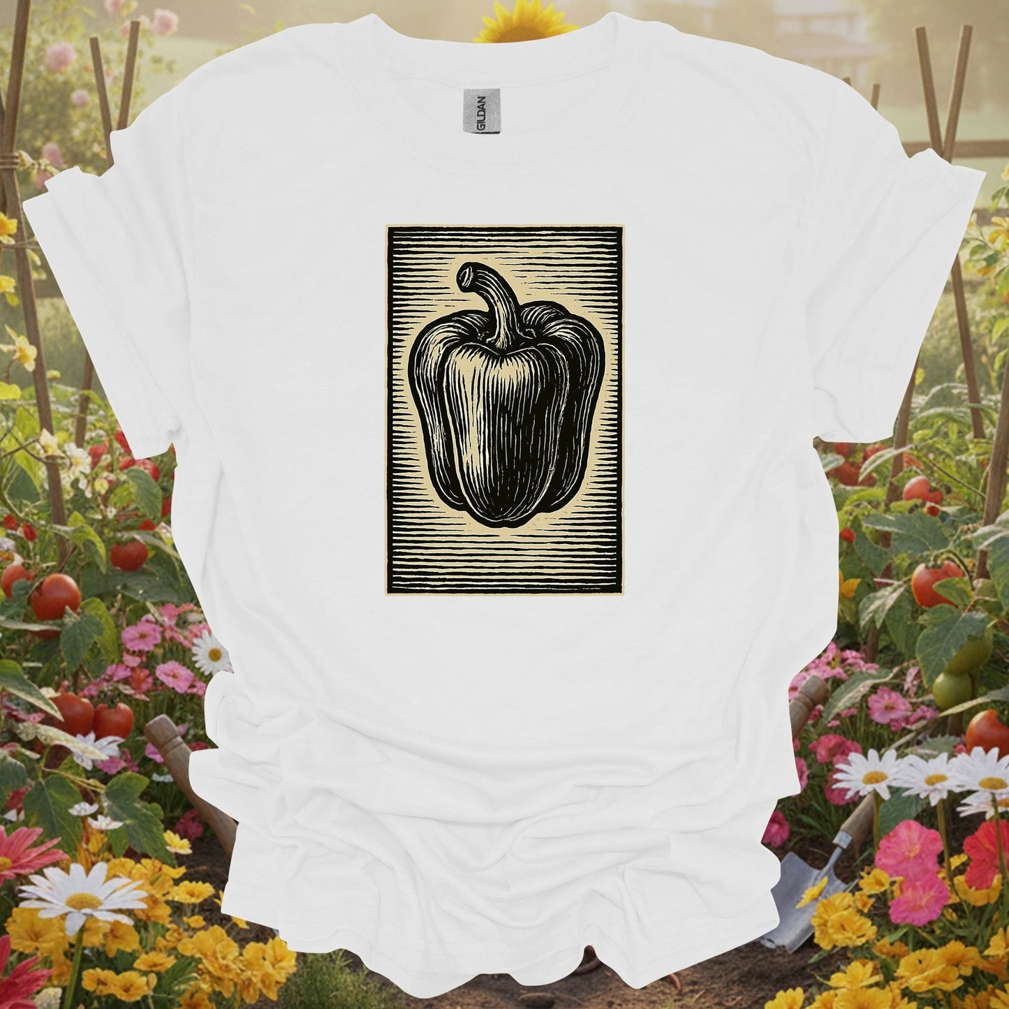 White shirt featuring a nostalgic pepper seed illustration on a classic tee for anyone who finds peace in their sanctuary.