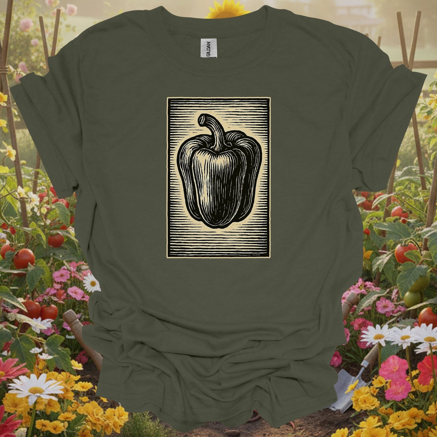 Military Green gardening tee with a retro-inspired woodblock look that serves as a functional piece of art for growers.