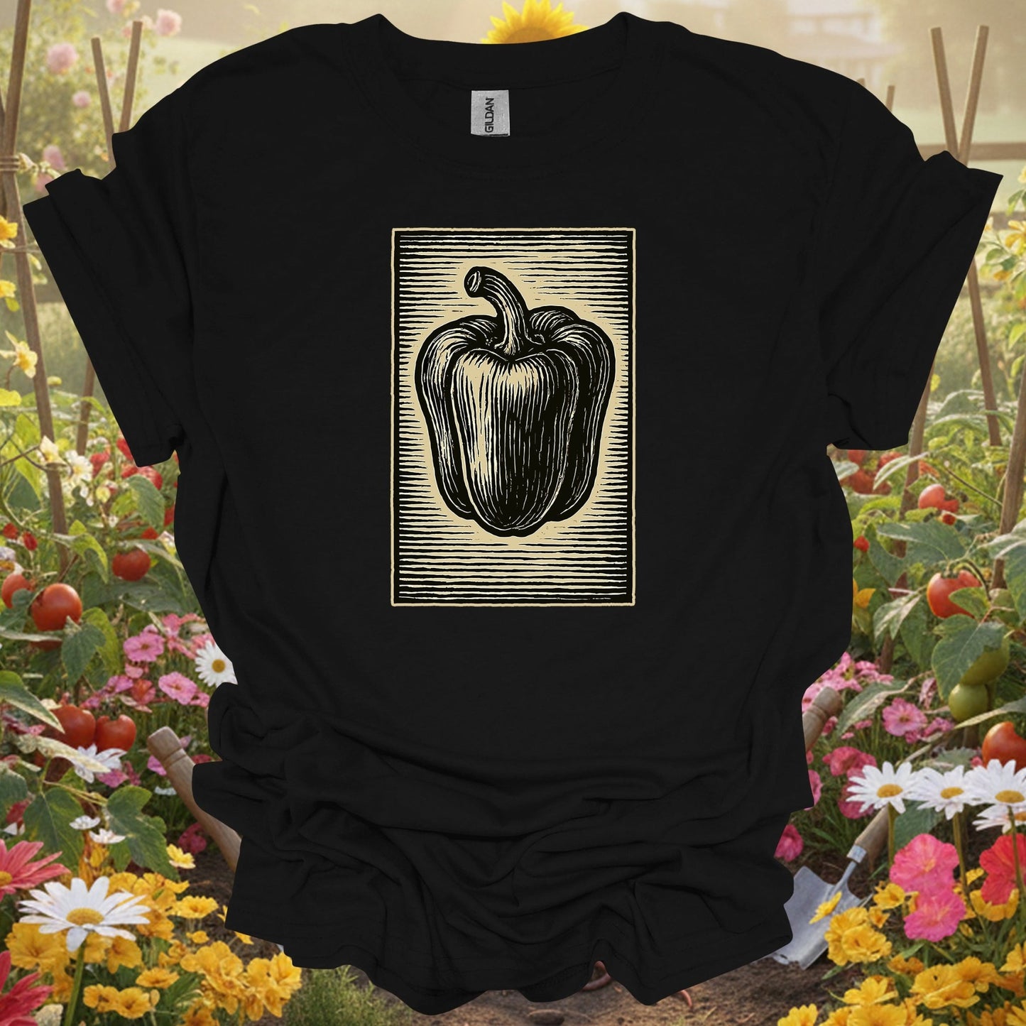 Black t-shirt with a striking heritage seed theme that fits a modern slow-living garden aesthetic and lifestyle.