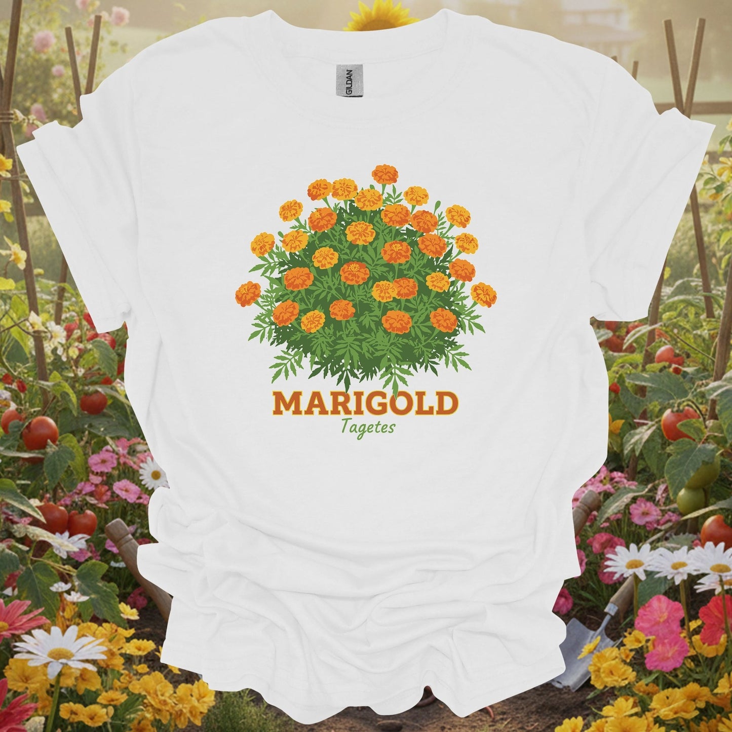 White tshirt showing a detailed, vintage inspired illustration that mirrors the aesthetic of classic botanical prints for bed builders constructing raised planting areas