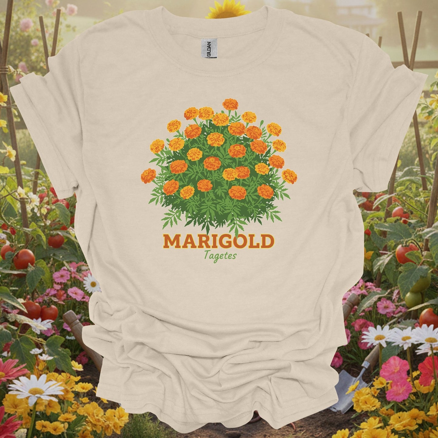 Natural tshirt showing a detailed, vintage inspired illustration that mirrors the aesthetic of classic botanical prints for bed builders constructing raised planting areas