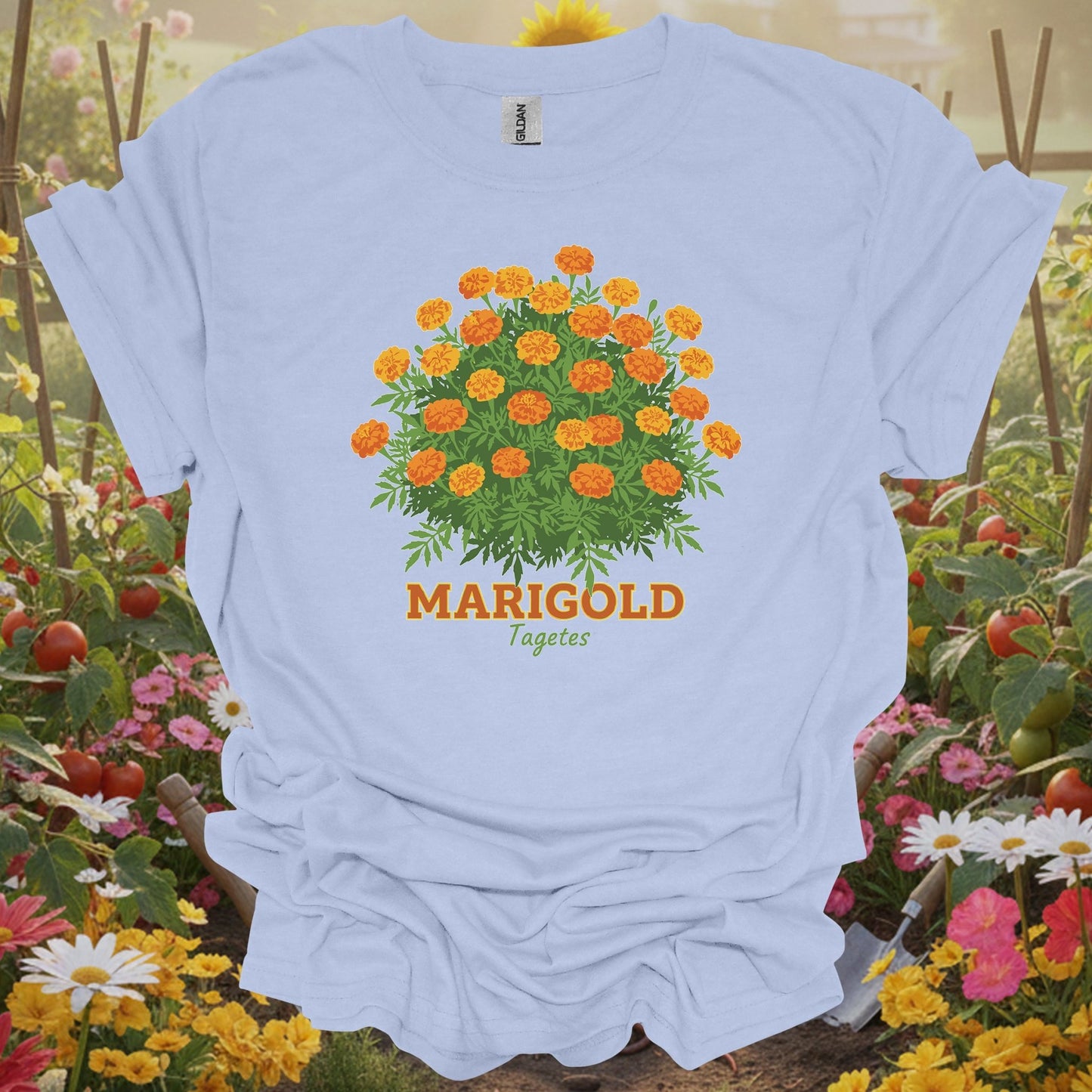 LIght blue tshirt showing a detailed, vintage inspired illustration that mirrors the aesthetic of classic botanical prints for bed builders constructing raised planting areas