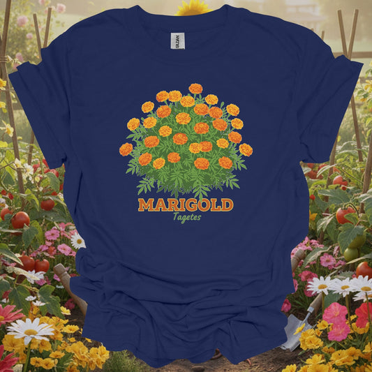 Navy tshirt showing a detailed, vintage inspired illustration that mirrors the aesthetic of classic botanical prints for bed builders constructing raised planting areas