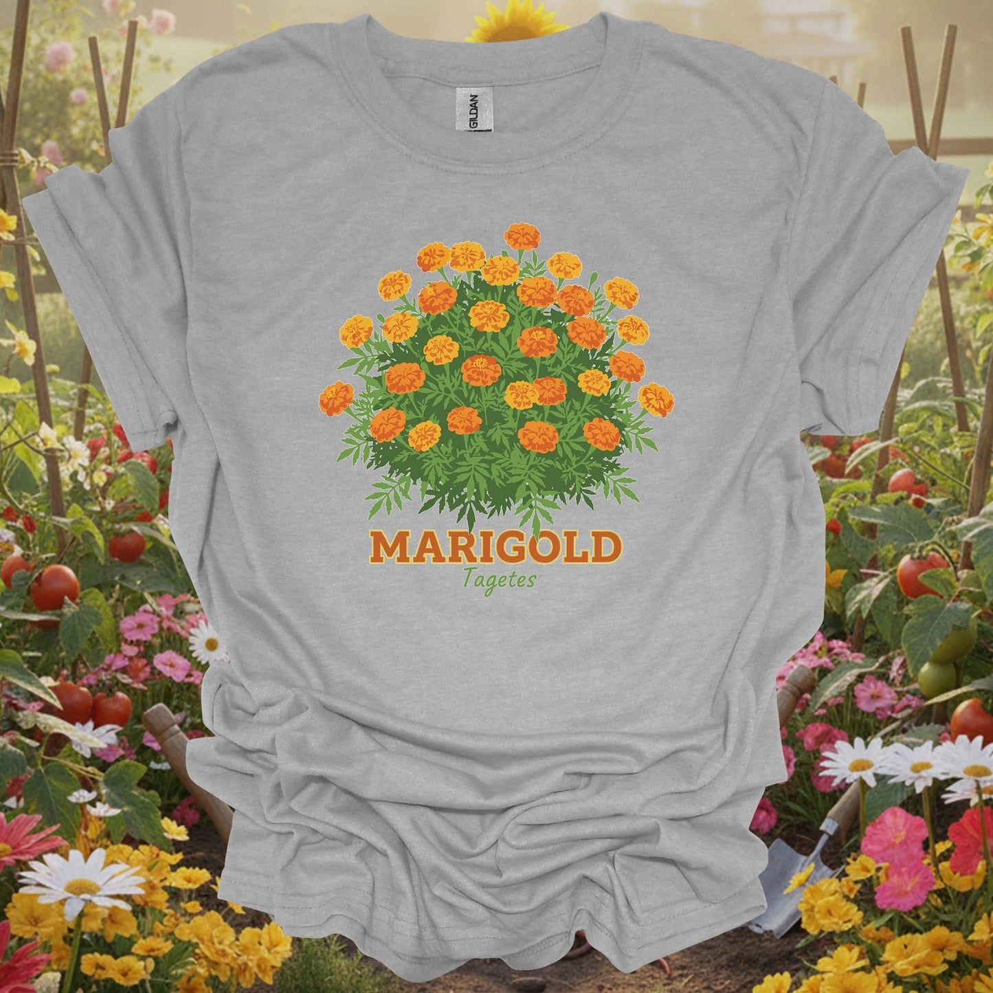 Sport gray tshirt showing a detailed, vintage inspired illustration that mirrors the aesthetic of classic botanical prints for bed builders constructing raised planting areas