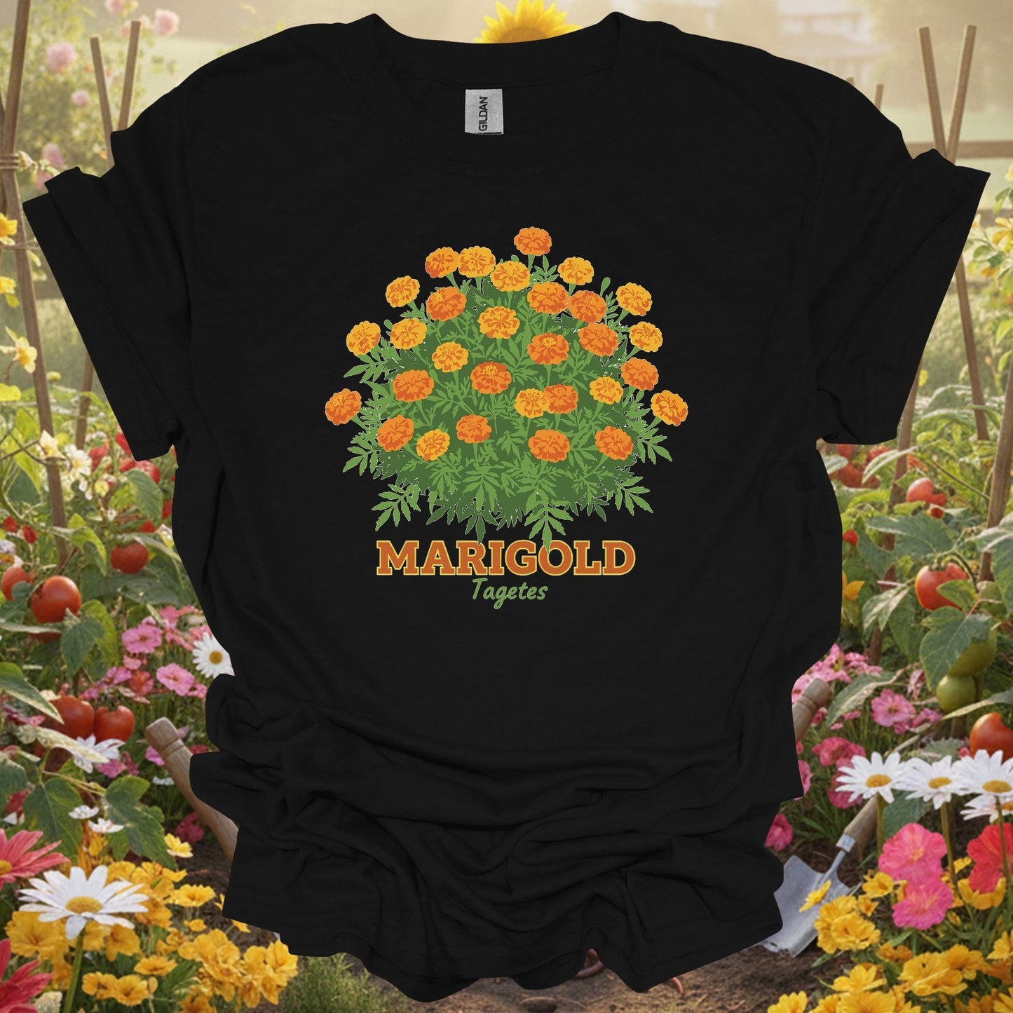 Black tshirt showing a detailed, vintage inspired illustration that mirrors the aesthetic of classic botanical prints for bed builders constructing raised planting areas