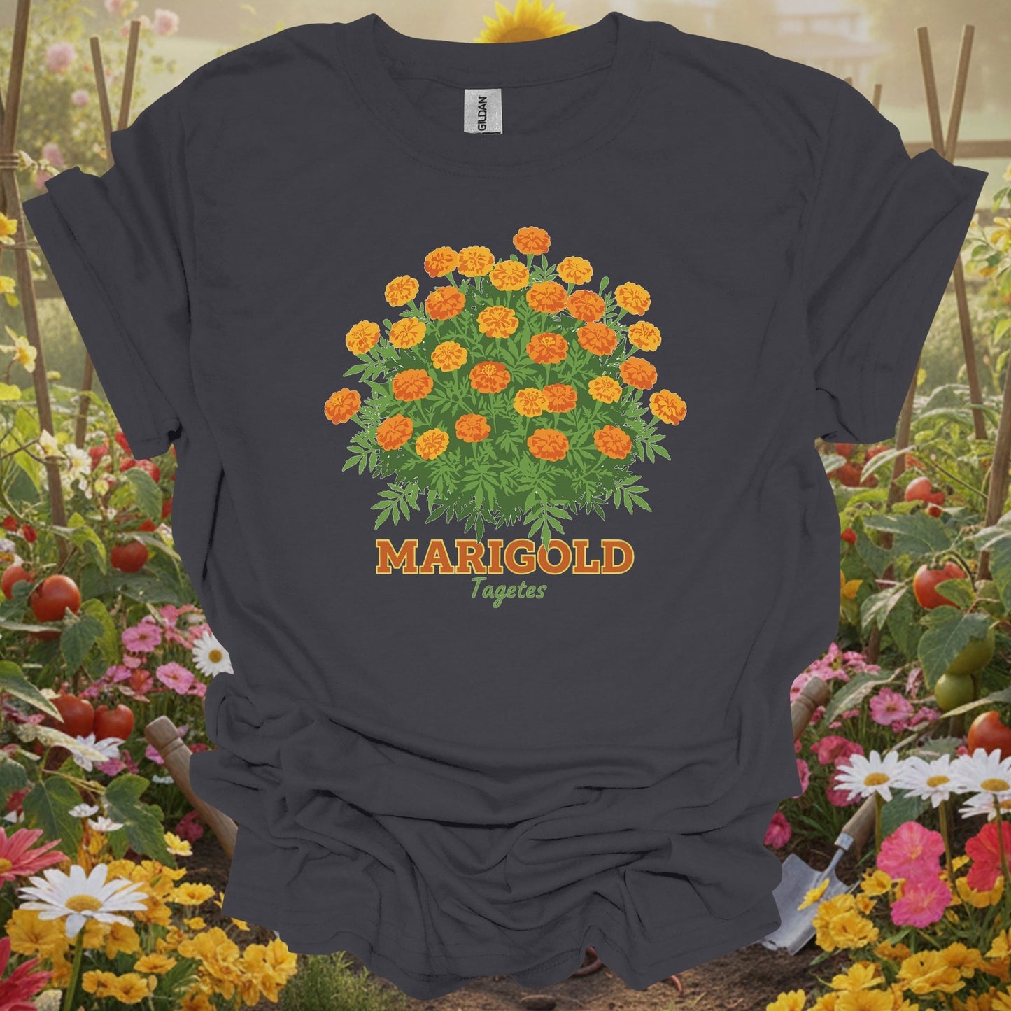Charcoal tshirt showing a detailed, vintage inspired illustration that mirrors the aesthetic of classic botanical prints for bed builders constructing raised planting areas