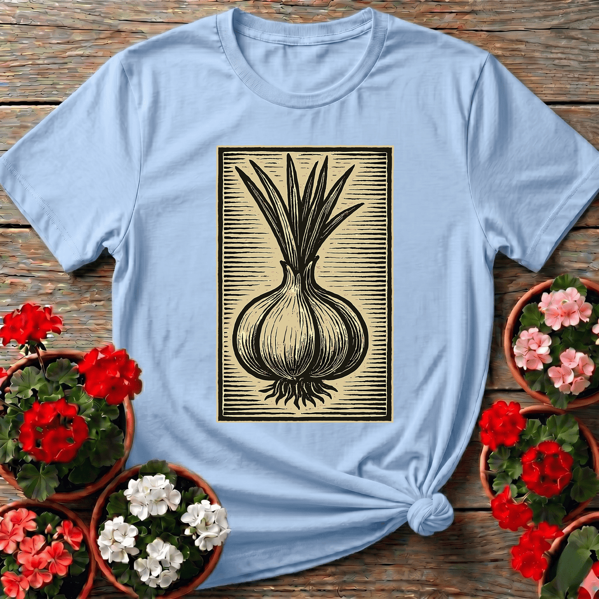 Light Blue cottagecore botanical print top with a vintage linocut onion design for kitchen garden enthusiasts
