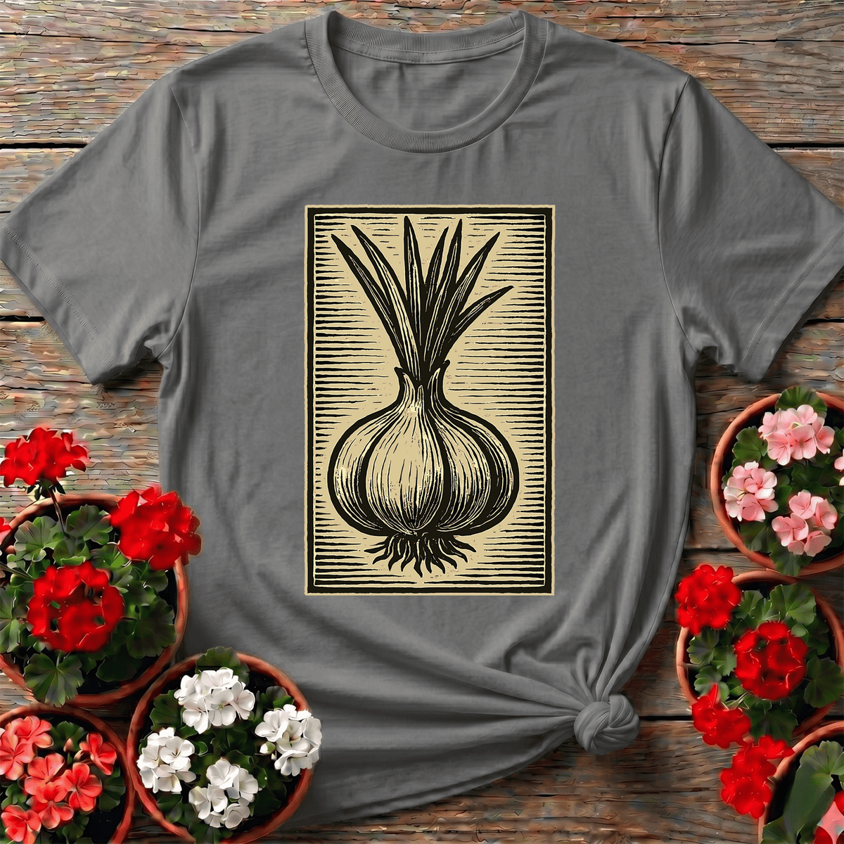 Sport Gray linocut botanical art gardening tee with a classic woodblock onion print for vegetable gardeners
