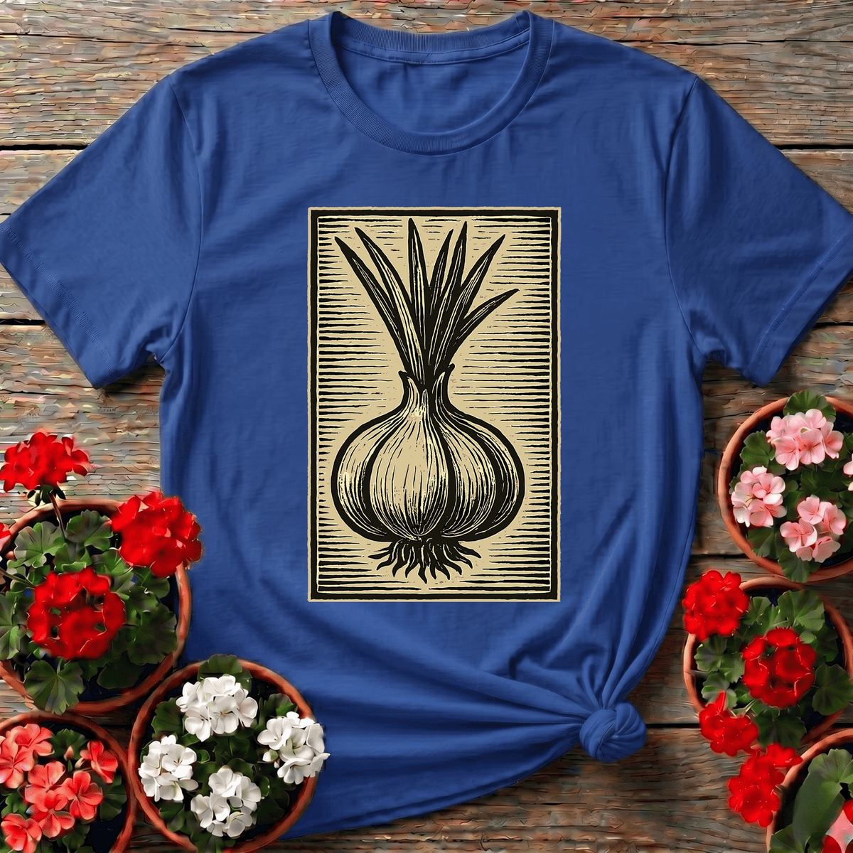 Royal vintage seed catalog style gardening shirt featuring a bold inked onion illustration for plant lovers