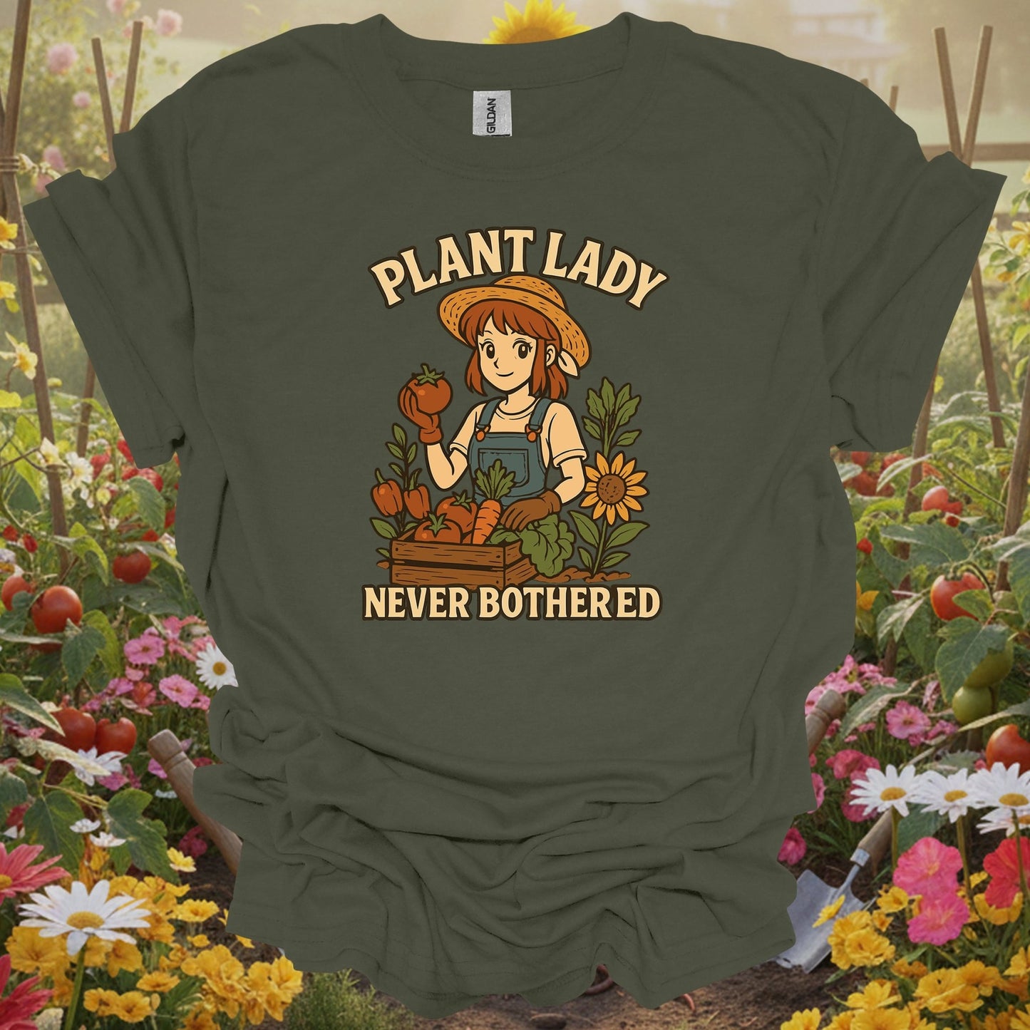 Military Green tshirt showing plant lady never bothered cheerful anime for gardening enthusiasts